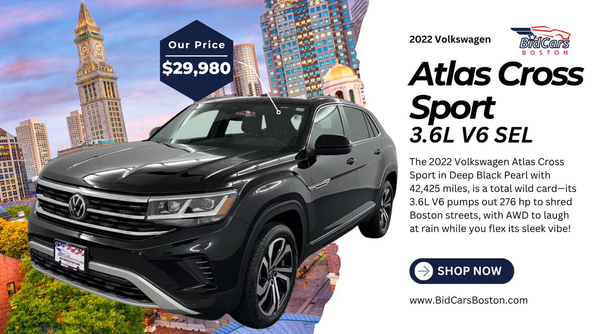 BidCarsOfficial's tweet photo. GM, Boston! 🌤️ 76°F & partly cloudy—roll in a Volkswagen Atlas Cross Sport from BidCars Boston! Enjoy the sunroof and tackle any shower.
Cruise into Summer—visit Walpole & follow for Beantown deals!
#BostonSummer #CruiseIntoSummer #BidCarsBoston #BostonCars https://t.co/h3qKQKTb2V