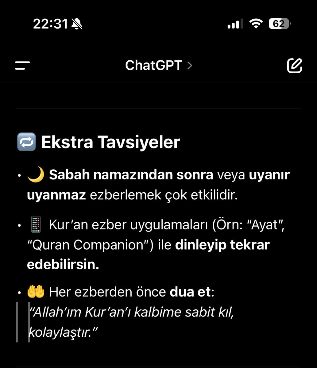 Önce Arapça gramer sorup sonra sure ezberi tavsiyesi aldım, chatgpt müslüman benc çok güzel tavsiyeler veriyo çünk