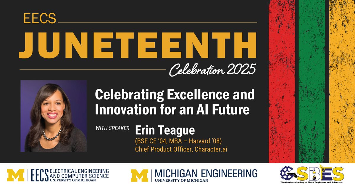 UMichCSE's tweet image. Join us TOMORROW for the sixth annual EECS #Juneteenth Celebration!
📆 Thursday, June 19
🕙 11am
📍 Arthur Miller Theatre
▶️ Read more details on this event at: cse.engin.umich.edu/event/eecs-jun…
@UMengineering #UMichEECS