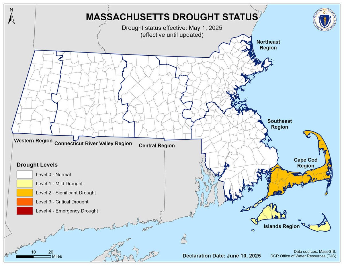 MassEcoRestore's tweet image. Good news! While drought statuses for the Cape Cod and Islands Regions remain, the Southeast Region has been downgraded to Normal Conditions. Read the latest update here ➡️ bit.ly/3OfC4Hu