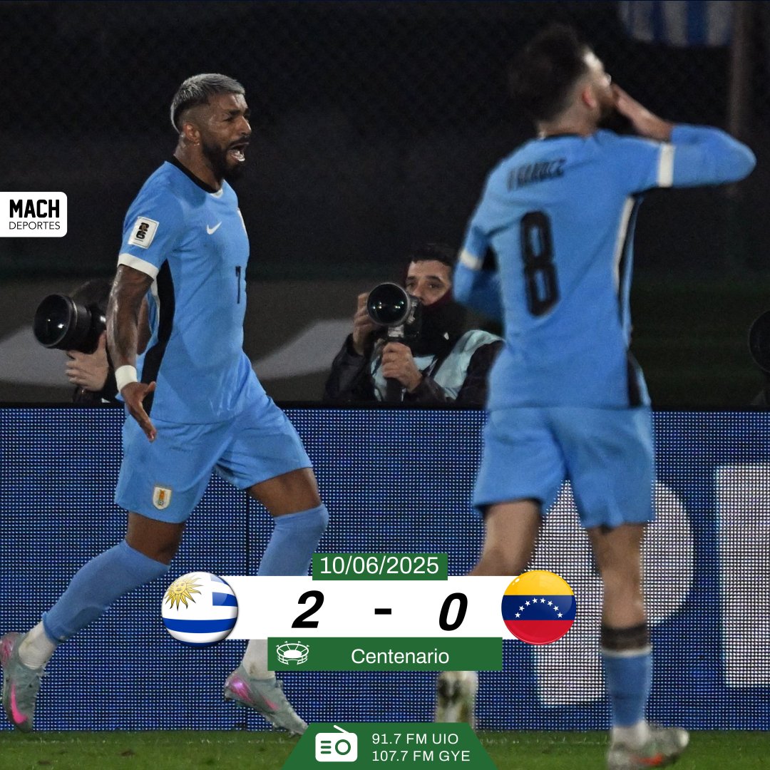 Machdeportes ✨ Gente Que Sabe De Radio (@machdeportesfm) on Twitter photo Uruguay se acerca al Mundial 2026 después de derrotar en condición de local a Venezuela.
La 'Vinotinto' sigue en pelea por el repechaje al Mundial 2026.
🏆 Eliminatorias Sudamericanas
🗓️ Fecha 16
🏟️ Centenario 
🤳 #LaDinastíaContinúa Uruguay se acerca al Mundial 2026 después de derrotar en condición de local a Venezuela.
La 'Vinotinto' sigue en pelea por el repechaje al Mundial 2026.
🏆 Eliminatorias Sudamericanas
🗓️ Fecha 16
🏟️ Centenario 
🤳 #LaDinastíaContinúa