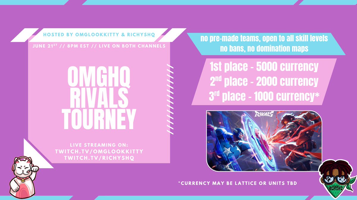 kitty (´・ω・`) 🖤💕 (@omglookkitty) on Twitter photo it's finally happening!! #marvelrivals tournament next saturday june 21st starting at 8pm est! hosted by yours truly and the one and only <a href="/RichysHQ/">DTN💣 | Linguini Jefferson ⚾️</a> link below for official signups! it's finally happening!! #marvelrivals tournament next saturday june 21st starting at 8pm est! hosted by yours truly and the one and only <a href="/RichysHQ/">DTN💣 | Linguini Jefferson ⚾️</a> link below for official signups!