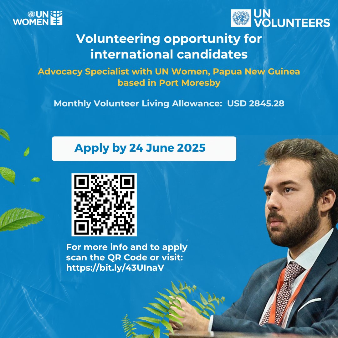 Join us as an international UN Volunteer Specialist in Papua New Guinea:
📌Advocacy Specialist
📍 Organization: UN Women, Papua New Guinea
📅 Deadline: 24 June 2025 
💻 Link to apply: bit.ly/44fC1o9