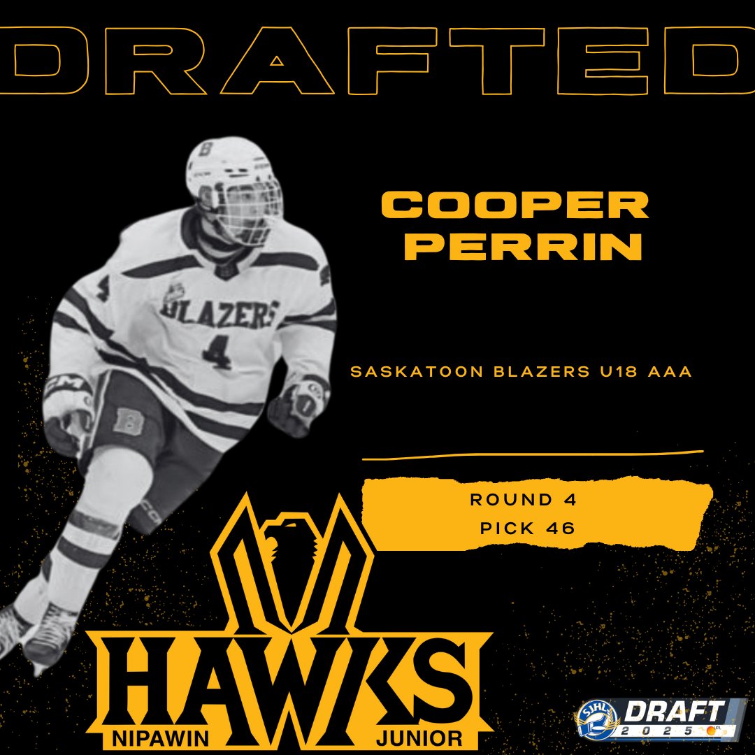 The Hawks are proud to draft Cooper Perrin, a steady presence on the back end from the Saskatoon Blazers U18 AAA. In 41 games last season, this defenseman tallied 3 goals and 16 assists! Welcome Cooper!  #DefendTheNest #NipawinHawks #HawksDraft25 #SJHL #NextGenHawks