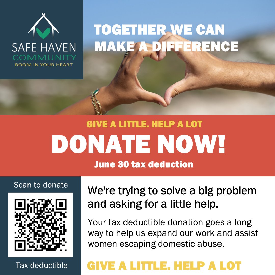 Looking for an end of year tax deduction? Consider a tax deductible donation to Safe Haven to help us continue our work assiting women escaping #domesticviolence Donate here bit.ly/4l40thG