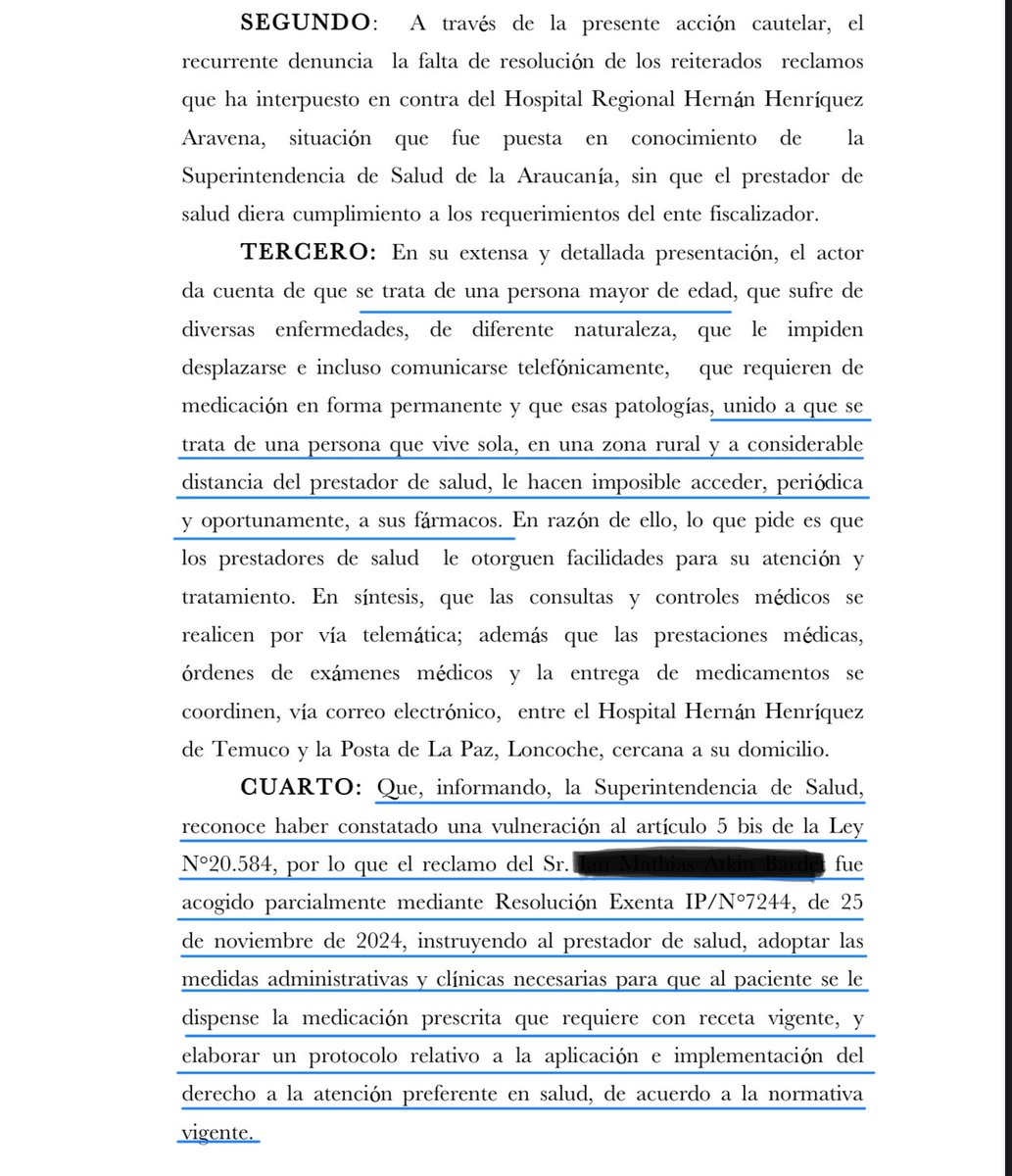 LLeguleya's tweet photo. CS (Rol 6424-2025, que confirma fallo ICA Temuco 7339-2024 12.3.2025) La persona afectada es un adulto mayor que vive en zona rural, lo que le dificulta acceder a sus medicamentos, por lo que la Corte ordena que los prestadores de salud involucrados deben atenderlo. Voto en contra Min Matus