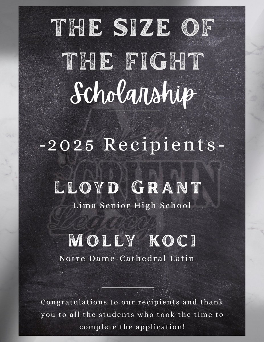A_Griffin_Legacy_Foundation (@legacy_griffin) on Twitter photo Congrats to Molly Koci graduate of <a href="/NDCLLions/">Notre Dame-Cathedral Latin School</a> and Lloyd Grant of <a href="/LimaCitySchools/">Lima City Schools</a> for being the 2025 recipients of the Size of the Fight Scholarship. #GoBeGreat #MostValuablePerson Congrats to Molly Koci graduate of <a href="/NDCLLions/">Notre Dame-Cathedral Latin School</a> and Lloyd Grant of <a href="/LimaCitySchools/">Lima City Schools</a> for being the 2025 recipients of the Size of the Fight Scholarship. #GoBeGreat #MostValuablePerson