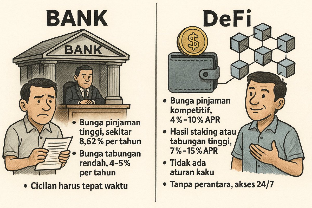 Perbedaan Bank dan DeFi nih cu!

Bank:

- Bunga pinjaman tinggi. Rata‑rata suku bunga pinjaman bank di Indonesia mencapai sekitar 8,62 % per tahun (data Januari 2025) 

- Bunga tabungan rendah. Rata‑rata bunga deposito atau tabungan bank di Indonesia hanya 4–5 % per tahun.

-