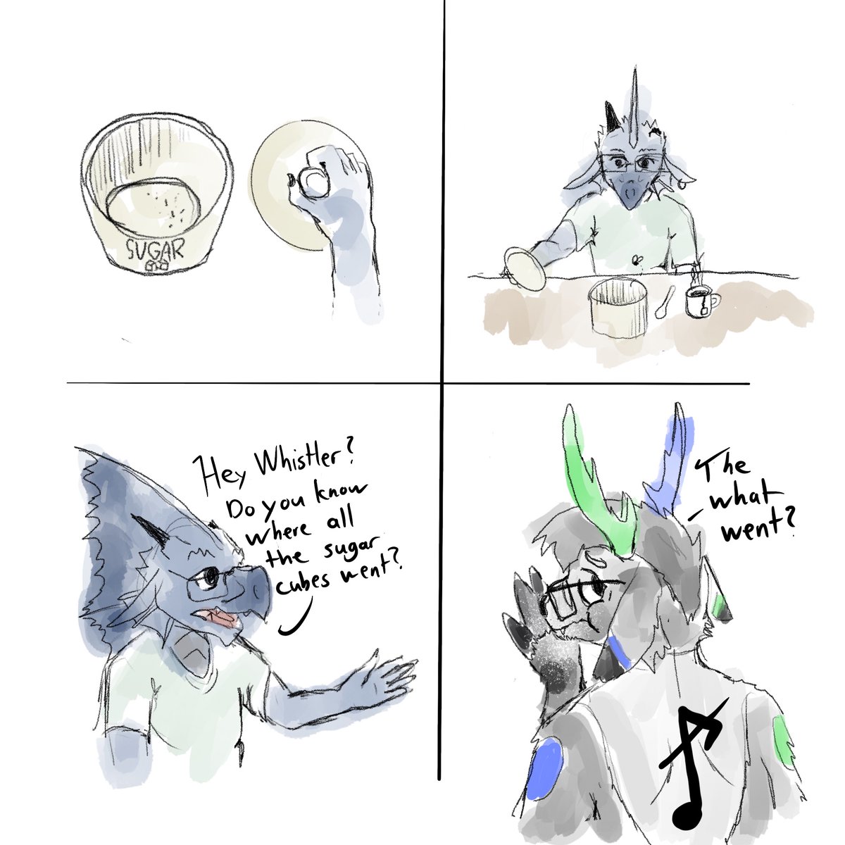 Toon (toonymcloony) on my Discord server drew this lil' interaction and I haven't stopped thinking about it.

Whistler absolutely ADORES sugar cubes. This is now fact. Make sure to hide them if you ever see him.

#deerfurry #christianartist