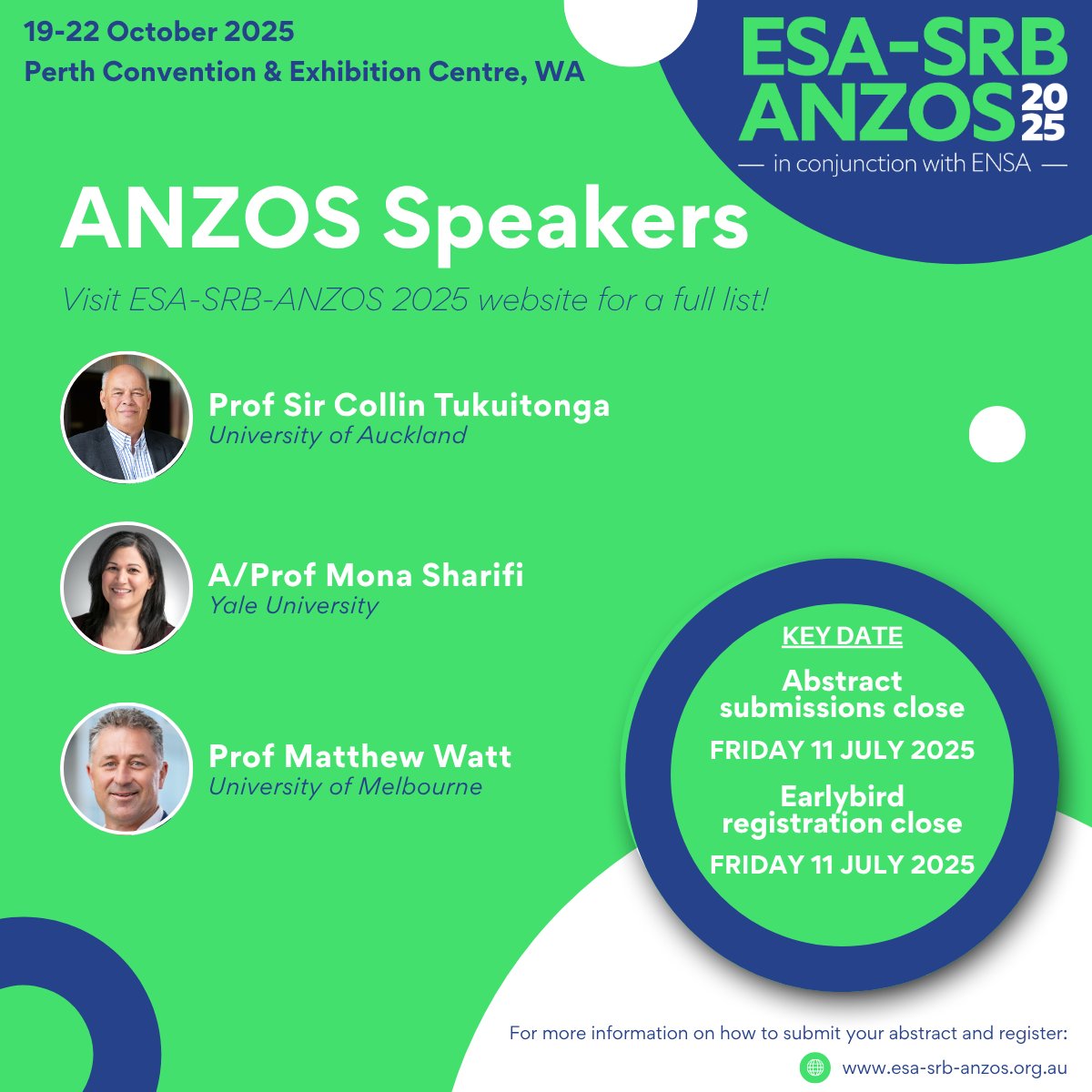 ANZOS (@anzos_society) on Twitter photo π€ Announcing our speakers for the ESAβSRBβANZOS ASM in Perth, 19β22 October 2025!
πΉ Prof Sir Collin Tukuitonga β University of Auckland
πΉ A/Prof Mona Sharifi β Yale University
πΉ <a href="/MattWattUnimelb/">Matthew Watt</a> - University of Melbourne
π Abstracts & early bird registration close 11 July π€ Announcing our speakers for the ESAβSRBβANZOS ASM in Perth, 19β22 October 2025!
πΉ Prof Sir Collin Tukuitonga β University of Auckland
πΉ A/Prof Mona Sharifi β Yale University
πΉ <a href="/MattWattUnimelb/">Matthew Watt</a> - University of Melbourne
π Abstracts & early bird registration close 11 July