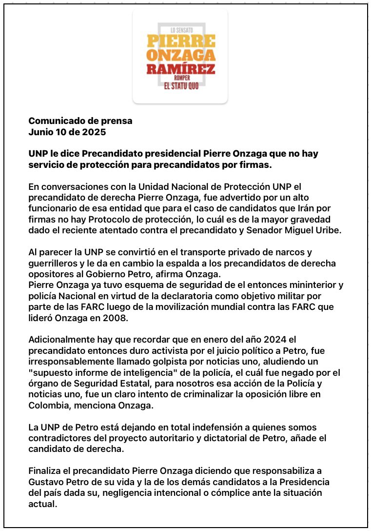 pierreonzaga's tweet photo. Comunicado de Prensa sobre UNP.

Me dicen que candidatos por firmas no tienen esquema de seguridad.
Grave. https://t.co/Belkx4tiwT