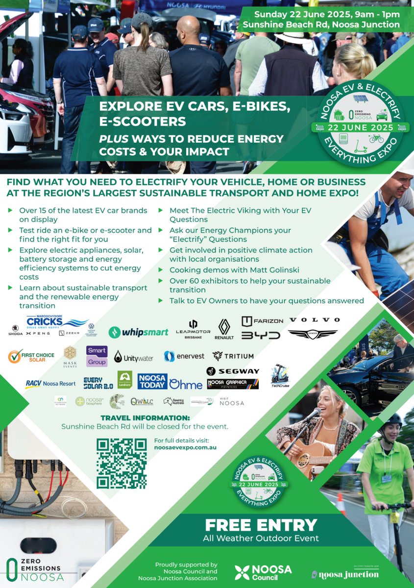 SmartEnergyCncl's tweet image. EVs, e-bikes & everything electric – in one place.
📍 Noosa EV & Electrify Everything Expo
Try an e-bike, chat with energy pros, explore real solutions.
🗓 Sun 22 June
📍 Sunshine Beach Rd
🎟 FREE ENTRY
noosaevexpo.com.au
Zero Emissions Noosa #EVExpo #SmartEnergy #NetZero