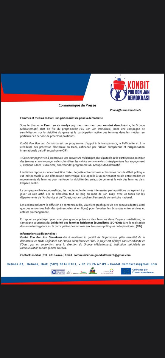 Fanm yo ak medya yo men nan men pou konstwi demokrasi! 
<a href="/GMedialternatif/">Groupe Médialternatif</a> <a href="/AlterPresse/">AlterPresse</a> <a href="/AlterRadioHaiti/">AlterRadio 106.1 FM</a> <a href="/efdecime/">EdnerFils Segur E. Bonnaig-Decime🌎</a> <a href="/madjohD1/">Madjolah Pierre</a> <a href="/gotsonpierre/">Gotson Pierre</a> <a href="/PCHERILIN/">Pierre-Antoine CHERILIN</a> <a href="/EUDelegationHt/">L’Union européenne en Haïti</a> <a href="/KayFanmAyiti/">Kay Fanm #KwapeVyolans</a> <a href="/SOFA_Ayiti/">Solidarite Fanm Ayisyèn-SOFA</a> <a href="/SofehjH/">SofehjHaiti</a>
