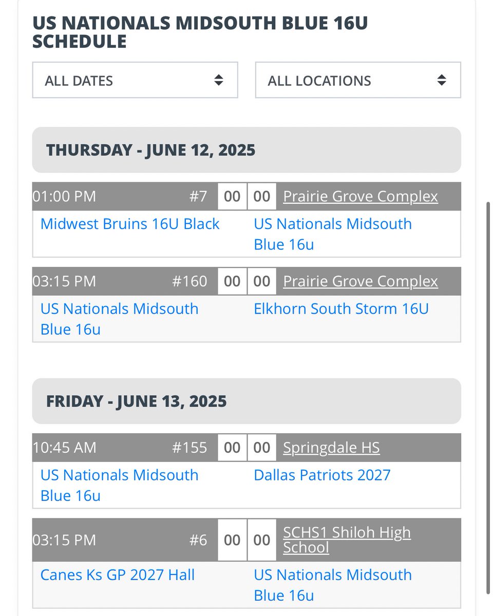 Excited for a great weekend at the Chad Wolff Classic. We have a great group of 2027’s. 

16u US Nationals Midsouth Blue Schedule and Starting Rotation:

Game 1- RHP Matthew Burns
Game 2- RHP Bryson Woodall 
Game 3- LHP Jacob Holland 
Game 4- LHP Jase Wilkinson <a href="/WilkinsonJ1440/">Jase Wilkinson</a>