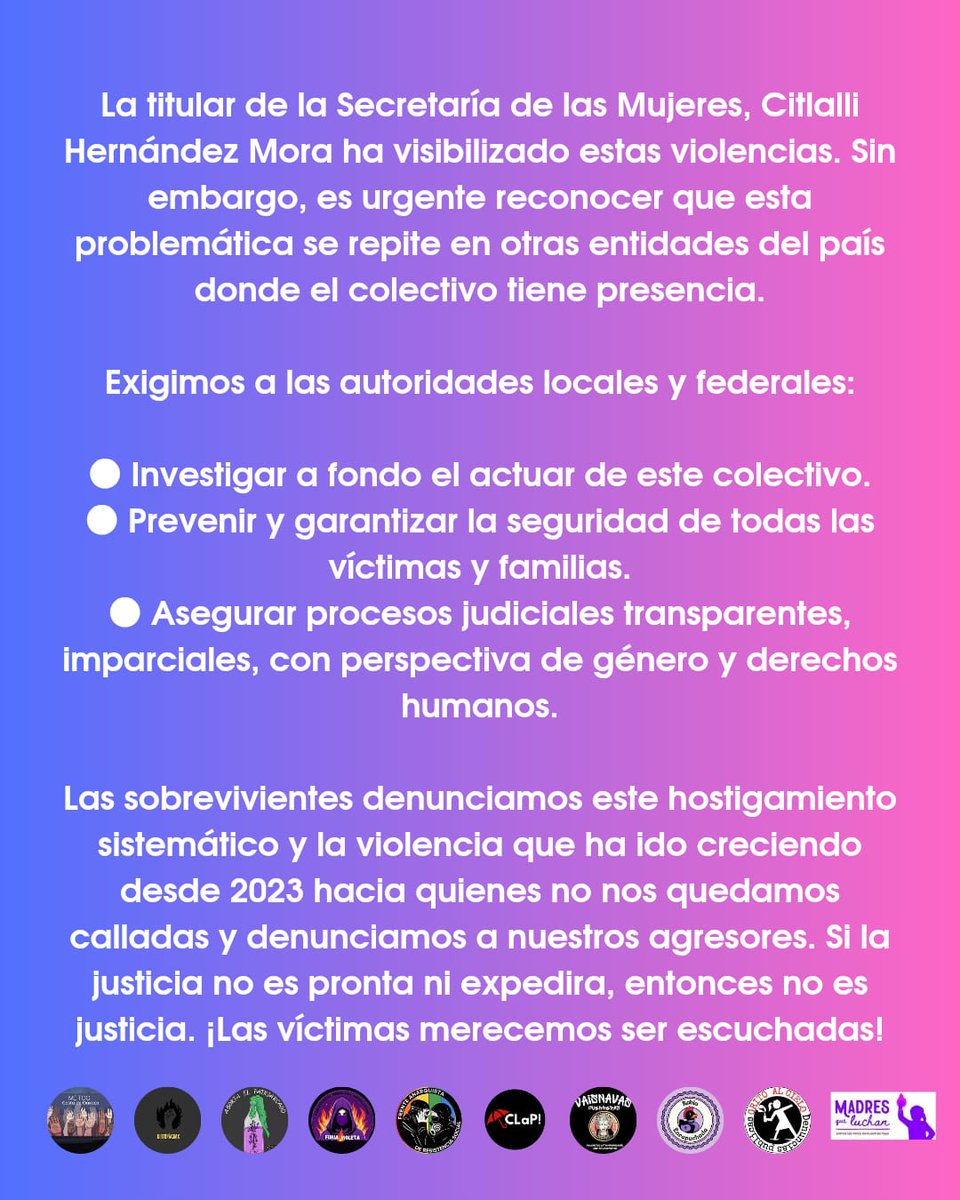 Natalia Lane (@natalia_lane) on Twitter photo Sobrevivientes y activistas hemos sido amenazadas y agredidas por el mal llamado colectivo "presos inocentes”.
🔴 Hacemos un llamado a las autoridades para que investiguen y protejan a las víctimas. ¡Justicia ya!
<a href="/ClaraBrugadaM/">Clara Brugada Molina</a> <a href="/SEGOB_mx/">Gobernación</a> <a href="/FiscaliaCDMX/">Fiscalía CDMX</a> <a href="/Mecanismo_MX/">Mecanismo de Protección Federal</a> <a href="/CitlaHM/">Citlalli Hernández Mora</a> Sobrevivientes y activistas hemos sido amenazadas y agredidas por el mal llamado colectivo "presos inocentes”.
🔴 Hacemos un llamado a las autoridades para que investiguen y protejan a las víctimas. ¡Justicia ya!
<a href="/ClaraBrugadaM/">Clara Brugada Molina</a> <a href="/SEGOB_mx/">Gobernación</a> <a href="/FiscaliaCDMX/">Fiscalía CDMX</a> <a href="/Mecanismo_MX/">Mecanismo de Protección Federal</a> <a href="/CitlaHM/">Citlalli Hernández Mora</a>