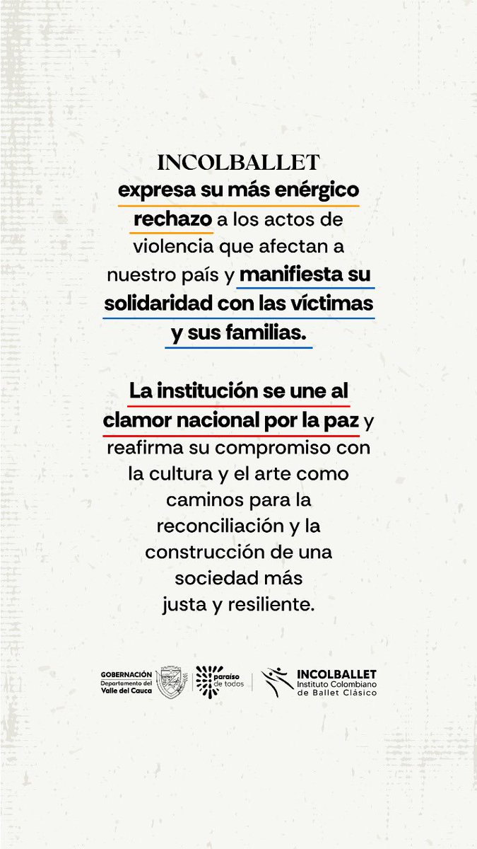 INCOLBALLET rechaza la violencia y se une al clamor por la paz.

La educación, el arte y la cultura son caminos para sanar y reconciliarnos.