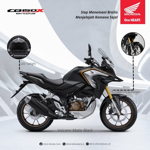 AstraHondaCare's tweet photo. Menaklukkan setiap medan dengan percaya diri. Honda CB150X
Siap menemani BroSis menjelajah kemana saja
#AstraHondaCare #Cari_Aman #SalamSatuHATI #CB150X https://t.co/5WpwyTlcnh