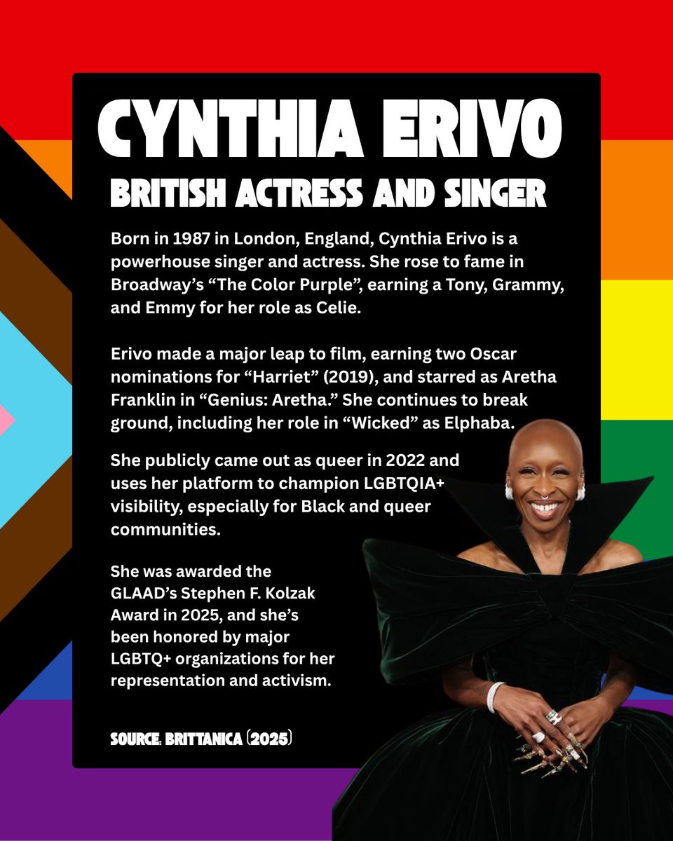 Cynthia Erivo — Tony, Emmy, and Grammy-winning artist, actor, and advocate.
She continues to break boundaries on stage &amp; screen while proudly representing the LGBTQ+ community 🌈🎭✨
Her voice, talent, and truth inspire millions.
 #PrideMonth #LGBTQVoices #RepresentationMatters