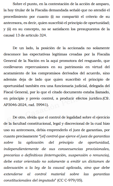 Corte S. Rad. 143343/25. Acción de tutela. 

Indiciada firmó acta de compromisos para P. de oportunidad, cumplió con algunas obligaciones, nueva fiscal imputa y no presenta control de legalización ante el juez de C. de g/tias. Control ante Juez de C. y G/tias era obligatorio.
