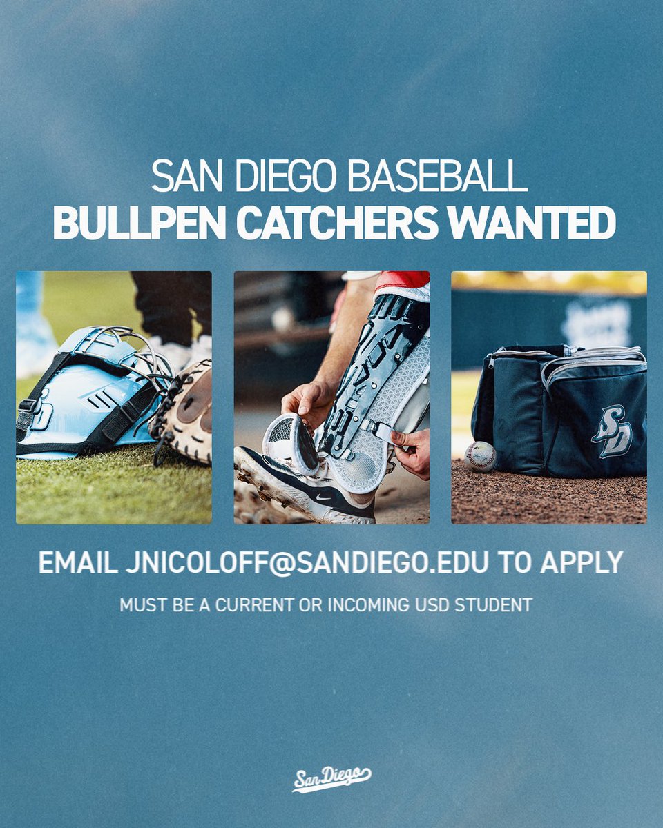 Are you a current or incoming USD student who is looking to stay involved with baseball?

We are looking for bullpen catchers for next season!

Benefits include free USD gear, sitting in the dugout/bullpen during home games, travel to select road games, and more. 

#GoToreros