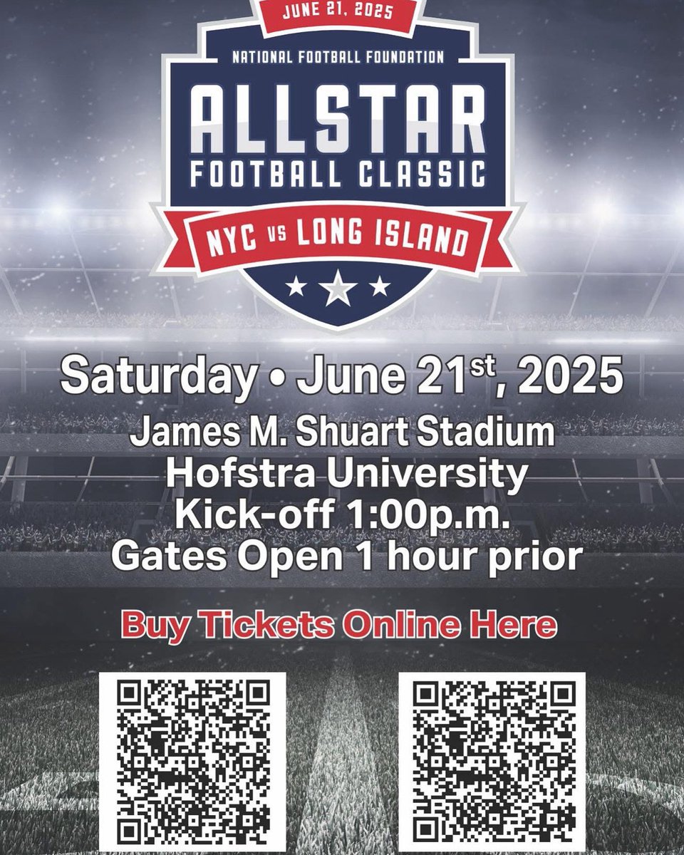 🏈 The region's premier high school football all-star game is back!
 
Long Island will play against New York City in the first National Football Foundation All-Star Classic Football Game on Saturday, June 21, 2025, at 1:00 p.m. at Hofstra University.