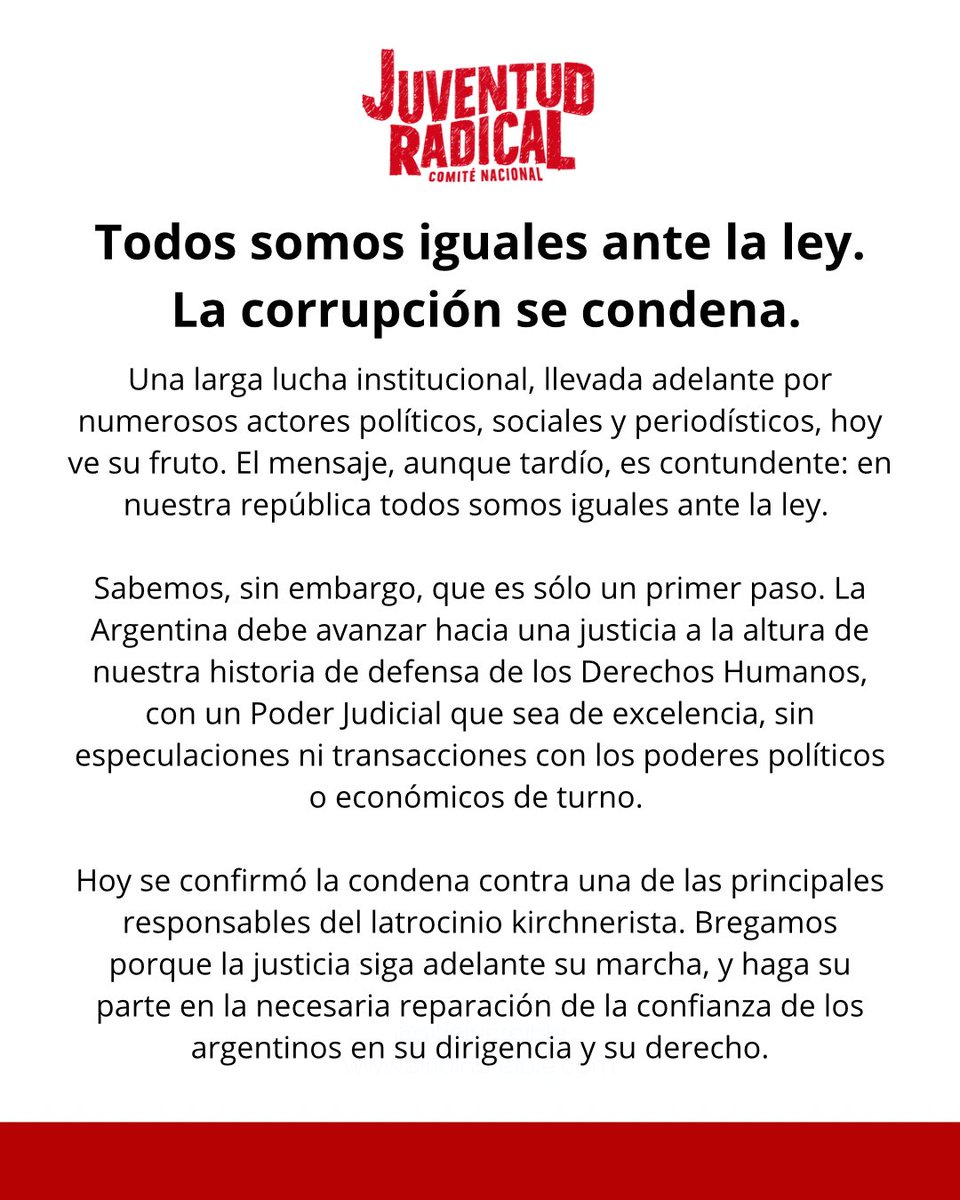 Todos somos iguales ante la ley. 
La corrupción se condena. 

<a href="/jrnacional/">Juventud Radical</a>