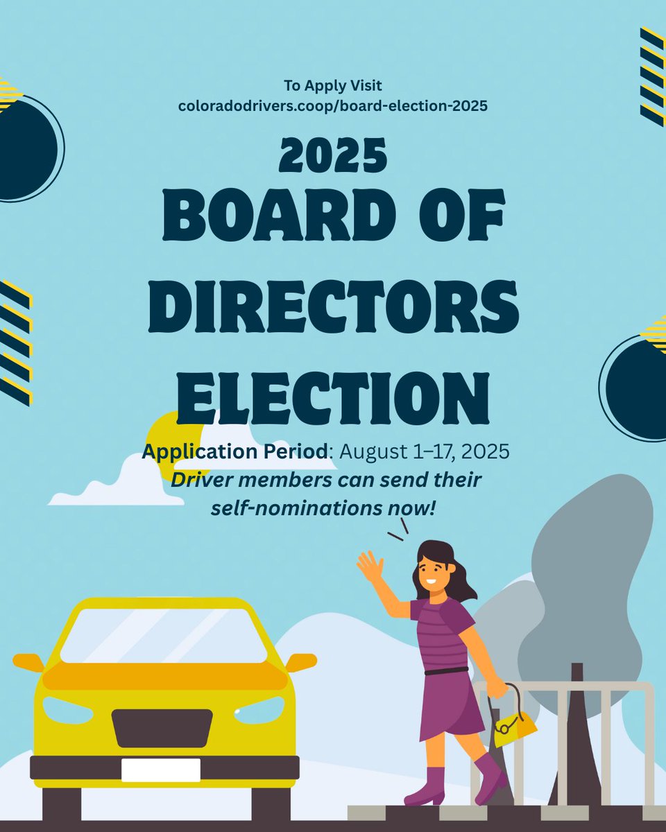 🗳️ DCC’s 2025 Board Election is on! Driver-owners: run to represent your region.
📅 Apply Aug 1–17
🧑‍🤝‍🧑 Must have 15 volunteer hours
📍 Denver Metro, North, West, South seats open
Vote Aug 25–30
Apply now: f.mtr.cool/ietmvjdldd
#DriverCoop #DCC2025