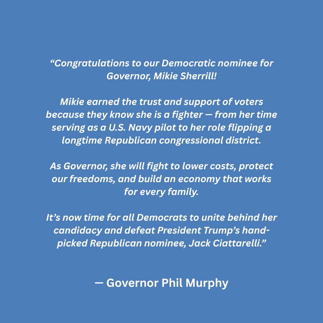 Phil Murphy (@philmurphy) on Twitter photo Congratulations to our Democratic nominee for Governor, <a href="/MikieSherrill/">Mikie Sherrill</a>!
Itās now time for all Democrats to unite behind her candidacy and defeat President Trumpās hand-picked Republican nominee, Jack Ciattarelli. Congratulations to our Democratic nominee for Governor, <a href="/MikieSherrill/">Mikie Sherrill</a>!
Itās now time for all Democrats to unite behind her candidacy and defeat President Trumpās hand-picked Republican nominee, Jack Ciattarelli.