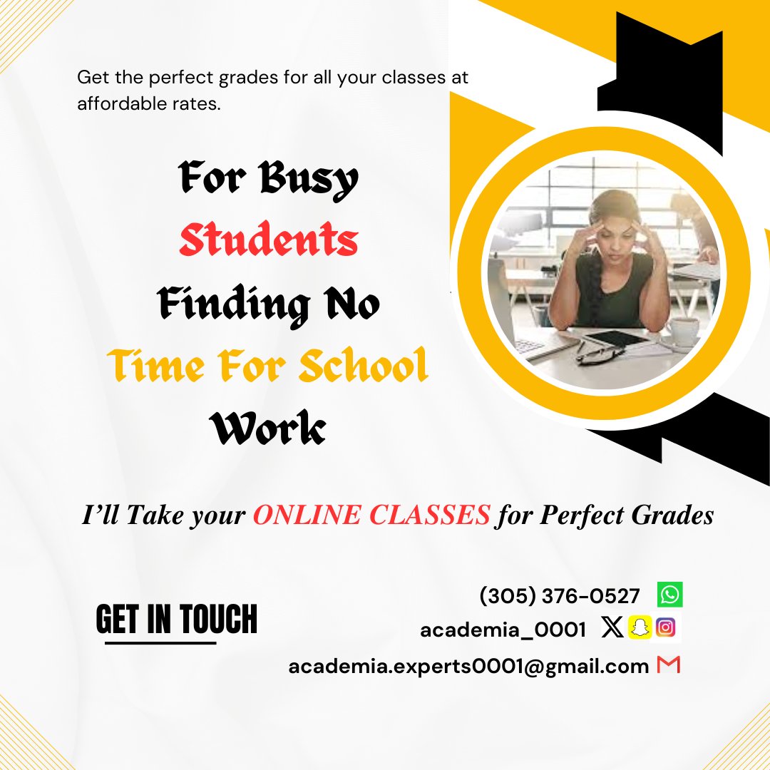 Academia0001's tweet image. Let’s Secure Summer A’s – DM for Help
Accounting
SPSS
Philosophy
Finance
History
Paper due
Programming
Research paper
Final exam
Python
Criminology
#Summerclasses #AlbanyStateUniversity #blackboard #javascript #PVL2027 #qualitywork #PVL2025 #capellauniversity #Onlineclasses #SAGU