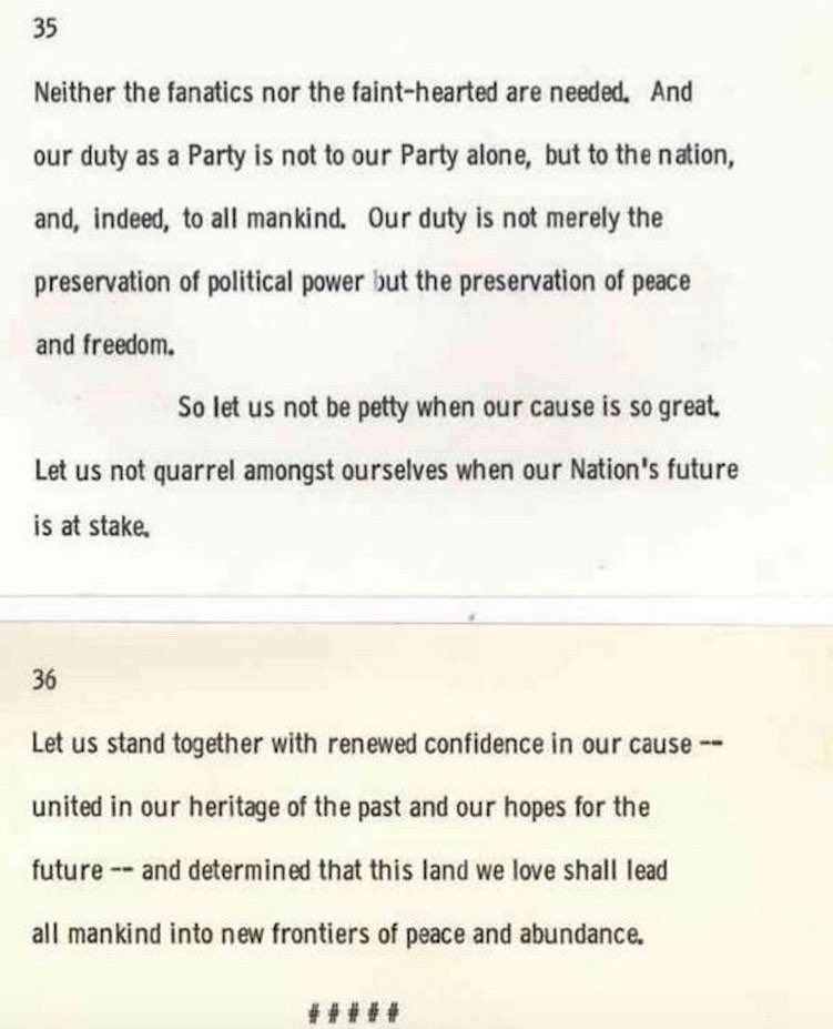BeschlossDC's tweet image. Final words, prepared for a speech JFK did not survive to deliver, planned for an Austin Democratic dinner of 11/22/63 that was cancelled because of the assassination:
"Neither the fanatics nor the faint-hearted are needed....Our duty is not merely the preservation of political…