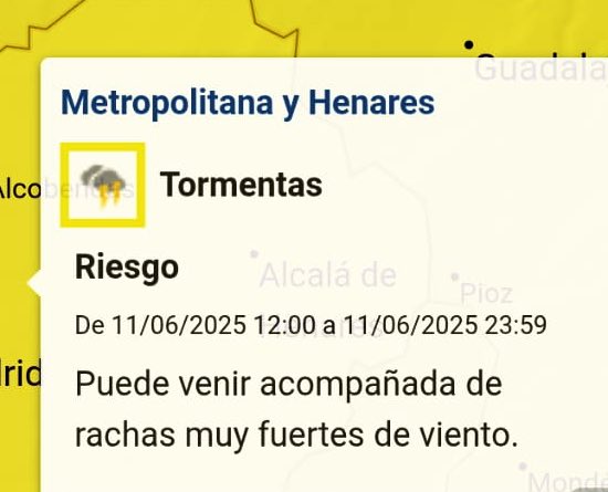 SERVICIO PÚBLICO |
🟡 Vía <a href="/112cmadrid/">112 Comunidad de Madrid</a> <a href="/AEMET_Madrid/">AEMET_Madrid</a>: Activada para este MIÉRCOLES nueva alerta amarilla por tormentas, lluvias y fuertes rachas de viento en toda la <a href="/ComunidadMadrid/">Comunidad de Madrid</a>.

⛈️🏞️🔒Por la seguridad de todos los usuarios, los parques públicos de la ciudad permanecerán