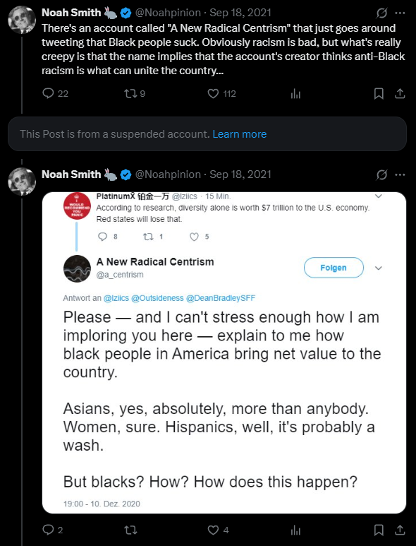 whstancil's tweet photo. To give you a sense about the ideological drift on this site, here's Noah Smith talking in 2021 about the account that would become "i/o" and "avidseries." And then here's a screenshot from today, where Noah Smith has constant friendly interactions with him. https://t.co/fCWpFfng1z