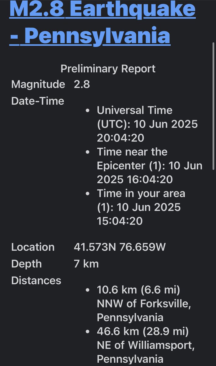 SevereWeatherPA's tweet image. M 2.8 Earthquake - 10 km NNW of Forksville, Pennsylvania #pawx