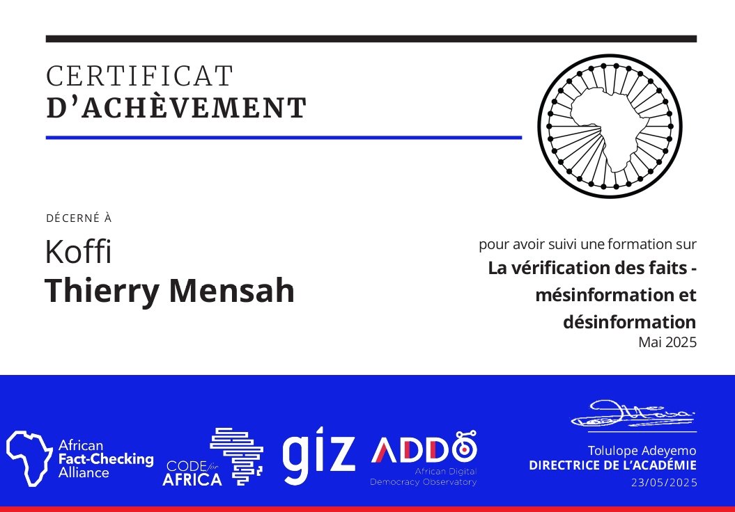 Je suis désormais Fact-Checker professionnel.

En cette période électorale particulièrement sensible, je m’engage, de manière volontaire, à contribuer activement à la sensibilisation et à freiner la propagation des fausses informations.
<a href="/Code4Africa/">Code for Africa</a>