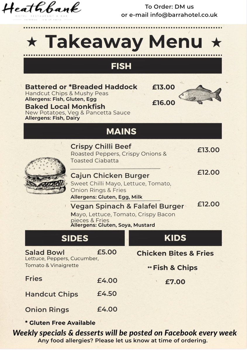 MarionMacNeil's tweet image. 🍔From this Thursday and Friday, we are open for food in the restaurant and Takeaways. 5pm - 8pm

Until we finalise our online ordering system for takeaways, please DM in advance or call from 3pm. T. 01871890266

To book a table you can also email: info@barrahotel.co.uk ❤️