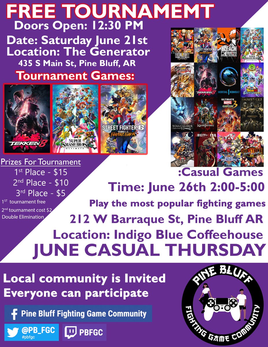 PB_FGC's tweet photo. TWO EVENTS THIS JUNE!!! TOURNAMENT AND CASUAL!!!

PBFGC June 2025 Tournament

June Casual Thursday

#PBFGC #PineBluff #FGC #StreetFighter6 #TEKKEN8 #smashbrosultimate https://t.co/35dKTkaDNj