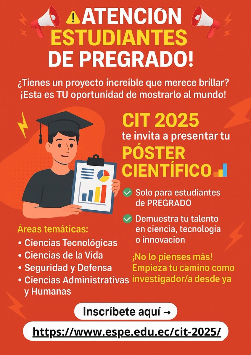 🚨🔥 ¡ATENCIÓN ESTUDIANTES DE PREGRADO! 🔥🚨
¿Tienes un proyecto increíble que merece brillar? 🌟
💡 ¡Esta es TU oportunidad de mostrarlo al mundo!

🎓 El Congreso Internacional Multidisciplinario de Ciencia y Tecnología CIT 2025 te invita a presentar tu PÓSTER CIENTÍFICO 📊

✅