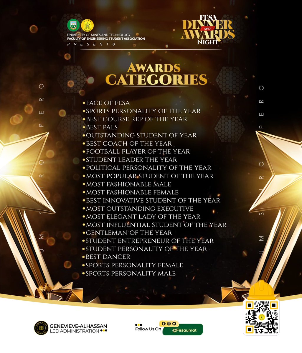 The Faculty of Engineering Students Association (FESA) invites you to an elegant evening of dinner and awards to celebrate exceptional students, leaders, and achievers within the Faculty. Nominate your favorites at: [tinyurl.com/fesa-awards]
Follow us on social media <a href="/FesaUmat/">FESA UMaT</a>!