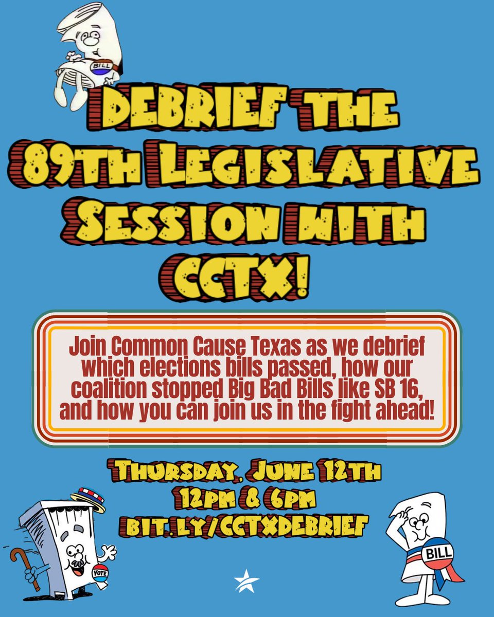 CCauseTexas's tweet image. The 89th Texas Legislative regular session has finally come to an end. 🎉
Join Common Cause Texas as we debrief which elections bills passed, how our coalition stopped Big Bad Bills like SB 16, & how you can join us in the fight ahead! ⭐
Sign up here: bit.ly/CCTXDEBRIEF
