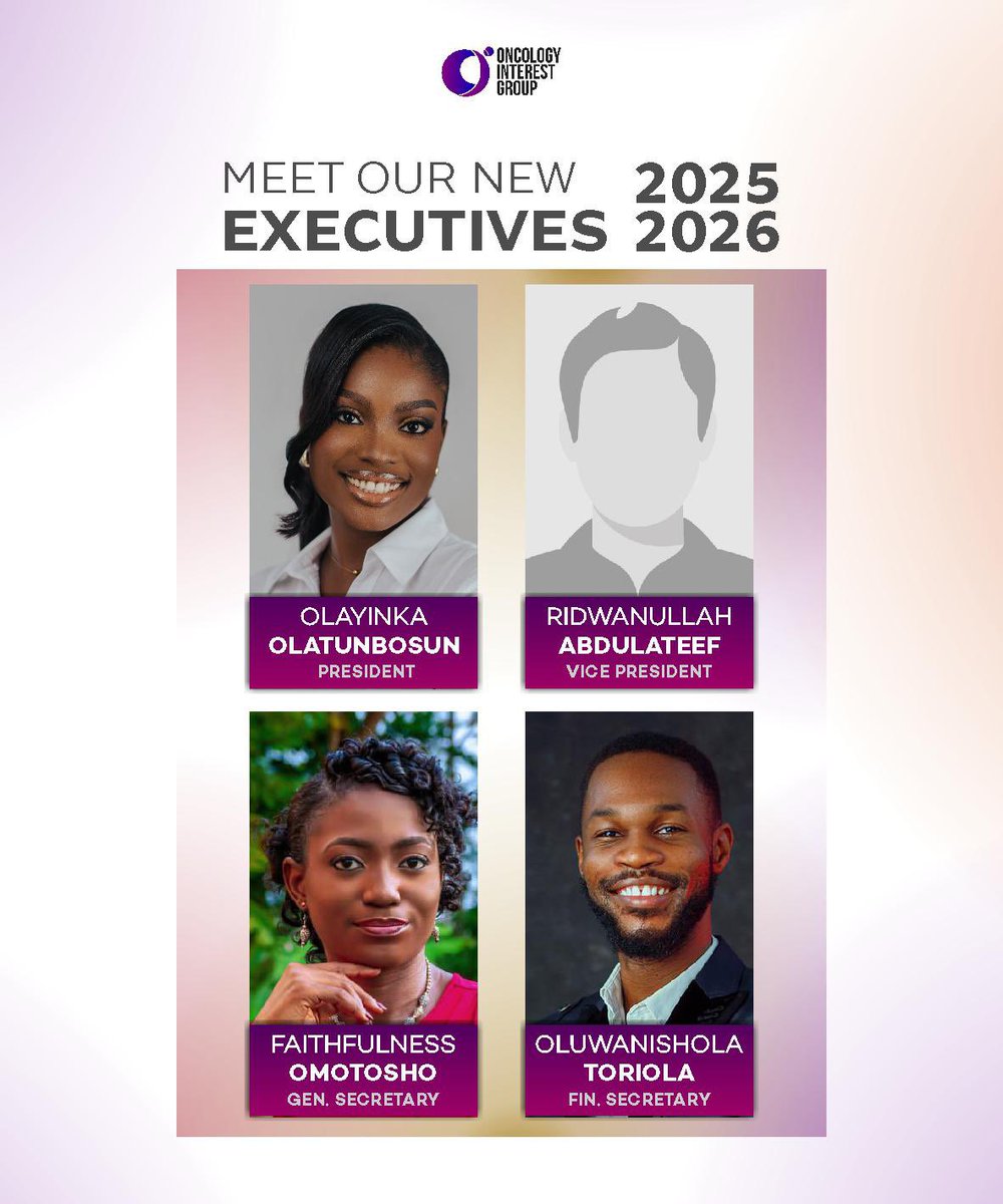 We’re excited to introduce the new leadership team for the Oncology Interest Group for 2025-2026🎉! These awesome folks have stepped up because they’re passionate about making a difference and helping us grow as a group.
<a href="/OlayinkaOlat/">Big Yinkssss!🤌✨</a> <a href="/kristitofunmi/">MedicKristitofunmi</a> 
<a href="/_Toriwealth/">Agbòngbòàkàlà</a>  <a href="/OlamideRedox/">REDOX.</a>