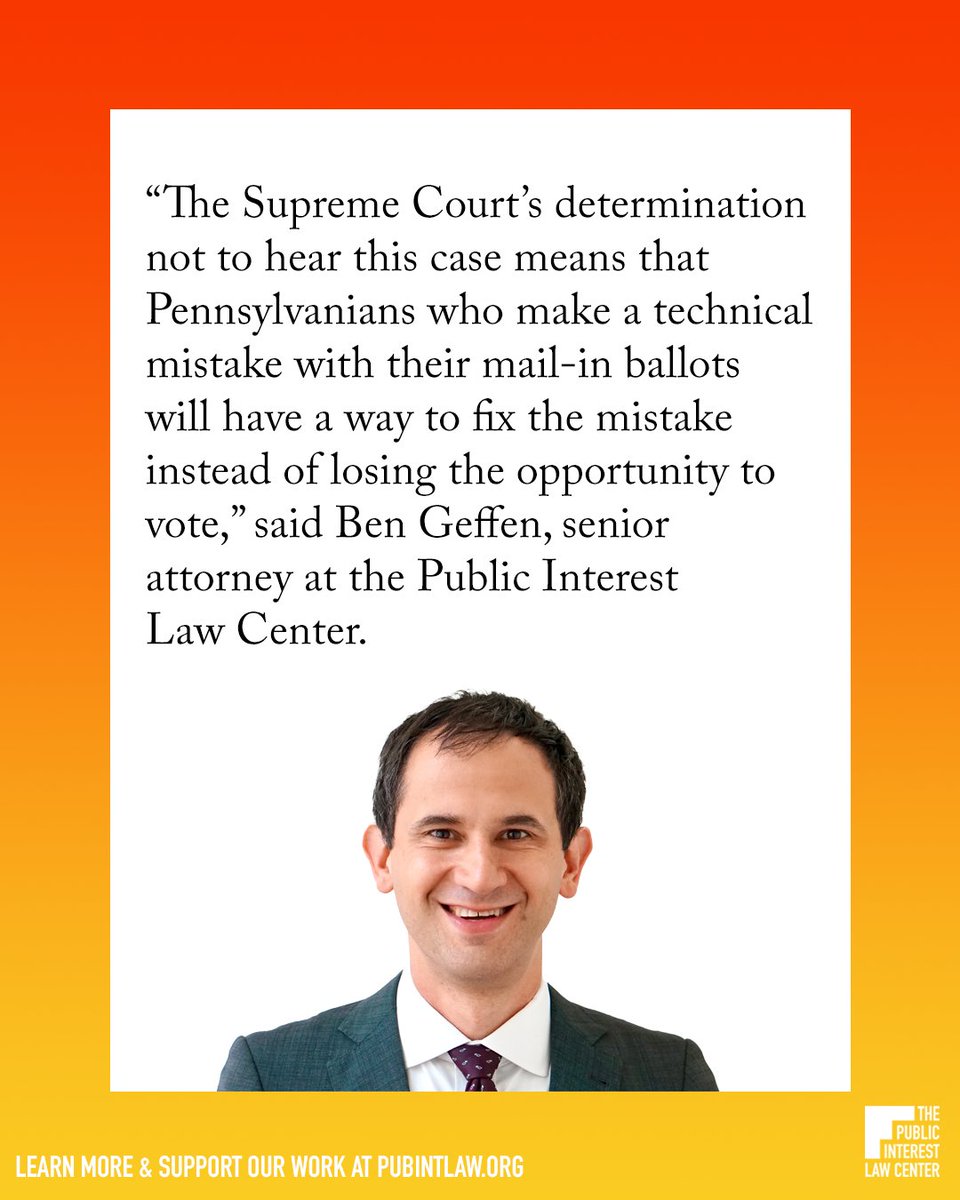 Public Interest Law Center (@pubintlawctr) on Twitter photo Breaking: We won! We were proud to represent voters in this case alongside <a href="/aclupa/">ACLU of Pennsylvania</a> and Dechert LLP. Read more about our voting work on our website: loom.ly/Mb8w1ps Breaking: We won! We were proud to represent voters in this case alongside <a href="/aclupa/">ACLU of Pennsylvania</a> and Dechert LLP. Read more about our voting work on our website: loom.ly/Mb8w1ps