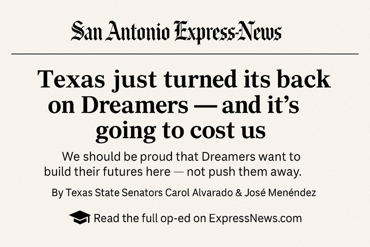 Carol Alvarado (@carolfortexas) on Twitter photo We should be proud they want to stay. Instead, Texas just made it harder for 20,000 students to keep chasing their dreams.
<a href="/Menendez4Texas/">JosƩ MenƩndez</a> & I broke it down in a must-read op-ed for the <a href="/ExpressNews/">San Antonio Express-News</a>.
Read the full piece at expressnews.com/opinion/commen⦠We should be proud they want to stay. Instead, Texas just made it harder for 20,000 students to keep chasing their dreams.
<a href="/Menendez4Texas/">JosƩ MenƩndez</a> & I broke it down in a must-read op-ed for the <a href="/ExpressNews/">San Antonio Express-News</a>.
Read the full piece at expressnews.com/opinion/commenā¦
