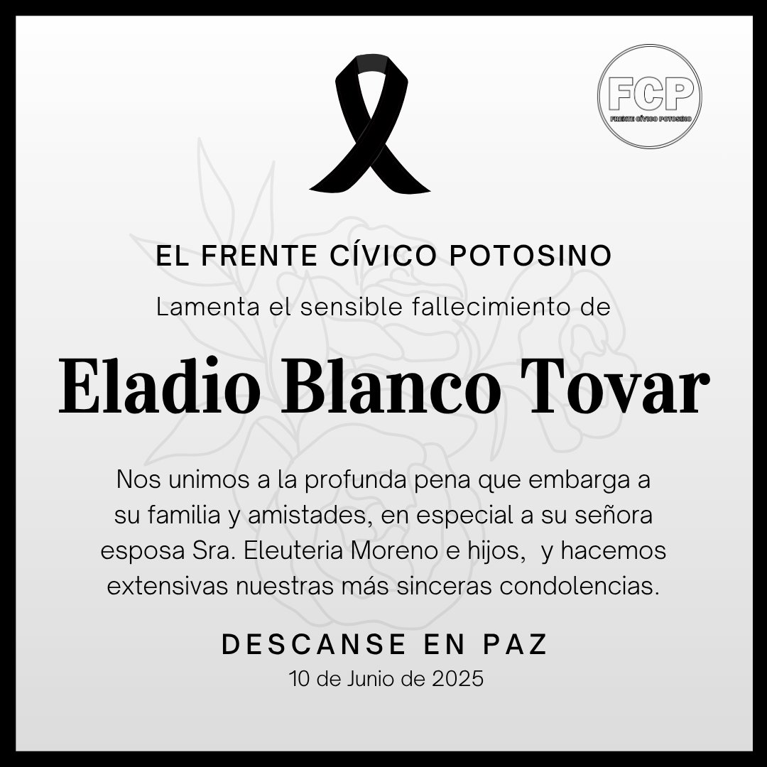 Nos unimos a la pena que embarga a la familia Blanco Moreno, y les extendemos nuestras más sinceras condolencias por el lamentable fallecimiento del Señor Eladio Blanco Tovar, un frenteciviquista ejemplar.