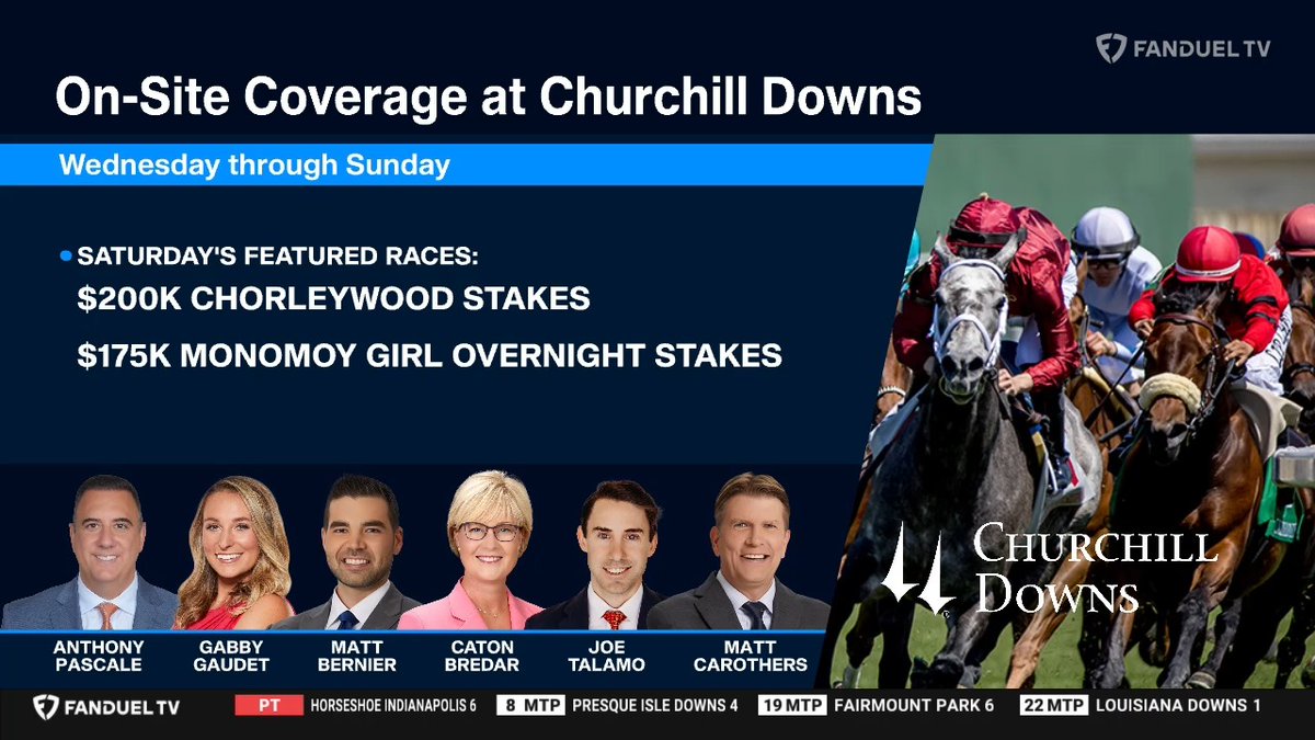 FanDuel Racing (@fanduel_racing) on Twitter photo Our on-site coverage of <a href="/ChurchillDowns/">Churchill Downs</a> continues on Wednesday with <a href="/FanduelAnthony/">Anthony Pascale</a>, <a href="/Gabby_Gaudet_/">Gabby Gaudet</a>, <a href="/bernier_matt/">Matt Bernier</a>, <a href="/CBredar/">caton bredar</a>, <a href="/JoeTalamo/">Joe Talamo</a>, and <a href="/MattCTVG/">Matt Carothers</a>.
Watch on <a href="/FanDuelTV/">FanDuel TV</a>. Our on-site coverage of <a href="/ChurchillDowns/">Churchill Downs</a> continues on Wednesday with <a href="/FanduelAnthony/">Anthony Pascale</a>, <a href="/Gabby_Gaudet_/">Gabby Gaudet</a>, <a href="/bernier_matt/">Matt Bernier</a>, <a href="/CBredar/">caton bredar</a>, <a href="/JoeTalamo/">Joe Talamo</a>, and <a href="/MattCTVG/">Matt Carothers</a>.
Watch on <a href="/FanDuelTV/">FanDuel TV</a>.