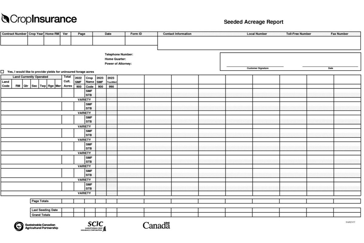 Report your seeded acres and stored grain. The deadline to report stored grain and submit your Seeded Acreage Report is June 25, 2025. 

Find more information on our website at: bit.ly/4l0SYZs

#SaskAg