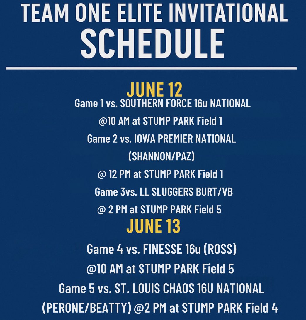 Super excited to share my Schedule for the Team One Elite Invitational!!! Can’t wait to see more coaches in Kansas! <a href="/MSUM_Softball/">MSUM Softball</a> <a href="/SCAThomasGrimm/">ZT Sting Thomas/Grimm</a> <a href="/ChicoStateSB/">Chico State Softball</a>