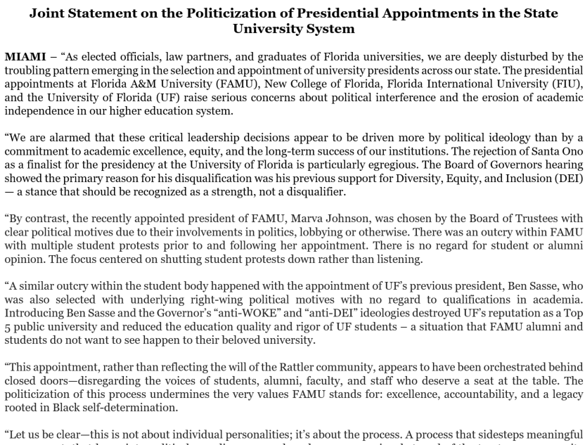 Earlier today, Reps. <a href="/Gantt4Florida/">Ashley V. Gantt</a>, <a href="/micheleforfl/">Michele Rayner (She/They/Tired)</a>, &amp; LaVon Bracy Davis released a statement on decisions about Florida’s public universities are being made behind closed doors, ignoring students, faculty, and alumni.

⬇ Read the full statement here ⬇ 

flhouse.gov/api/document/h…