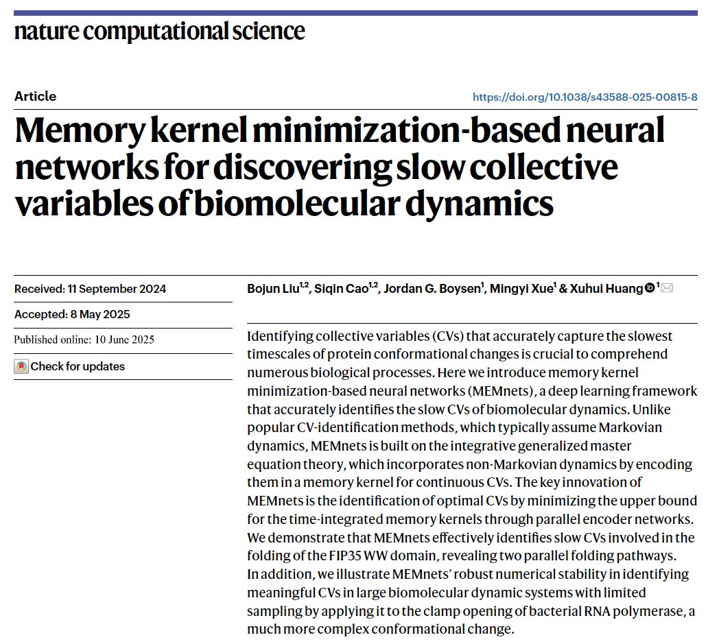 Xuhui Huang (@xuhuihuangchem) on Twitter photo Excited to share our latest paper on <a href="/NatComputSci/">Nature Computational Science</a> ! We present MEMnets, a deep learning framework for coarse-graining protein dynamics, driven by an analytical statistical mechanics theory to minimize memory kernels. Congratulations to all the authors!
rdcu.be/eqnCf Excited to share our latest paper on <a href="/NatComputSci/">Nature Computational Science</a> ! We present MEMnets, a deep learning framework for coarse-graining protein dynamics, driven by an analytical statistical mechanics theory to minimize memory kernels. Congratulations to all the authors!
rdcu.be/eqnCf
