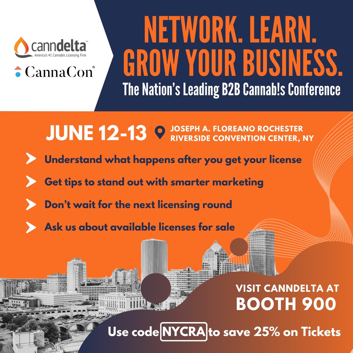 Join us at CannaCon Rochester to get real answers, smart marketing tips, and explore license resale opportunities. Whether you’re just starting or ready to grow, it’s time to move forward with clarity.
Booth #900
Use code NYCRA at checkout on hubs.ly/Q03rw-9W0