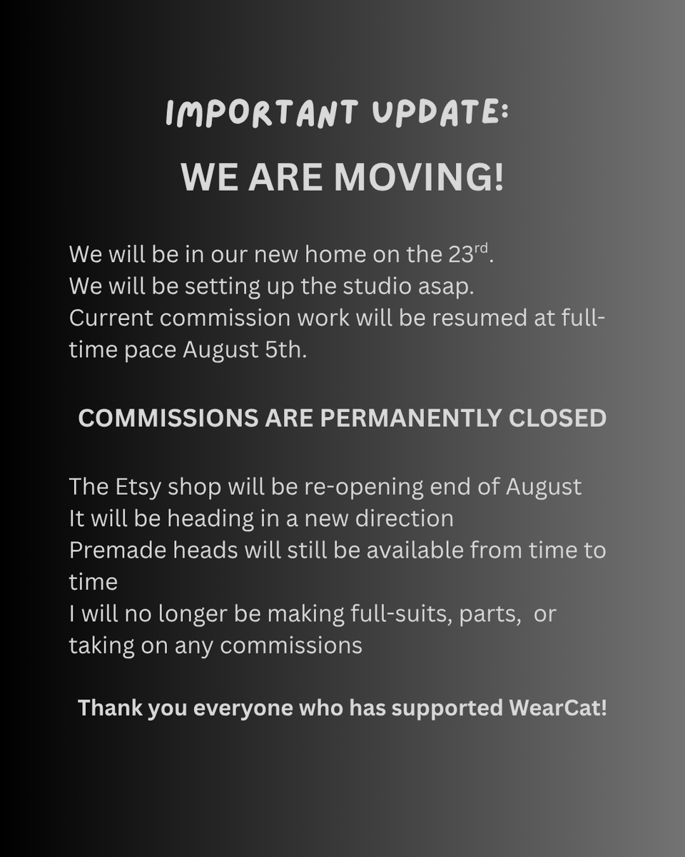 WearCreations's tweet photo. Long story short: We're moving

I will finish up my commission queue - starting as soon as the new studio gets set up

I will no longer be taking fursuit commissions of any kind. Premade heads will be available from time to time. https://t.co/FeKUTbDSOp